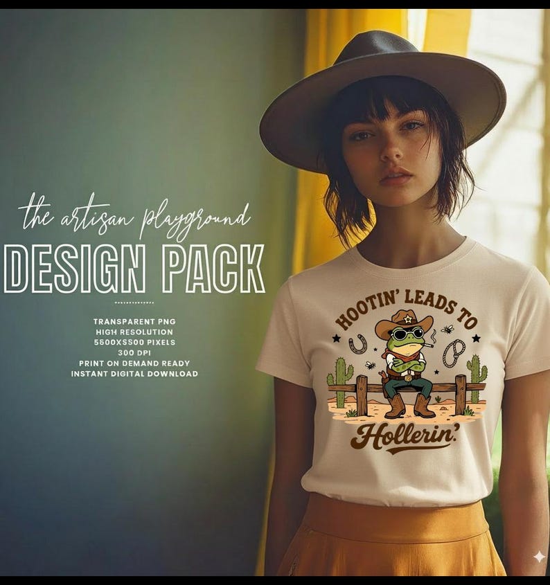 May include: A woman wearing a white t-shirt with a cartoon frog cowboy graphic. The graphic includes the text "Hootin' Leads to Hollerin'". The image also features the text "the artisan playground DESIGN PACK".