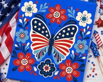 Patriotic Butterfly PNG, Floral American Flag PNG, 4th of July Shirt Design, Folk Art USA Sublimation