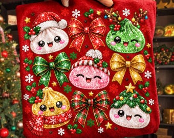 Niedliche Weihnachtsknödel (PNG), Kawaii-Weihnachtsknödel (PNG), Weihnachtsschleife (PNG), Festliche Bao-Cliparts, Niedliche Weihnachts-Sublimationsgrafik (digitaler Download)