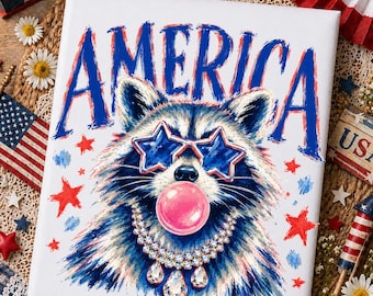 4 luglio PNG, Procione patriottico preppy PNG, Design di gomma da masticare con procione americano, Design PNG del 4 luglio USA America, PNG femminile