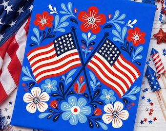 Patriotic Crossed Flags PNG, Floral American Flag PNG, 4th of July Shirt Design, Folk Art USA Sublimation