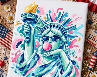 Preppy Brushstroke Statue of Liberty Blowing Bubble Png, USA Png, America 4th July Png Design, Girly Png