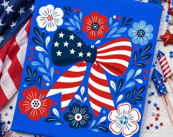 Patriotic Bow PNG, Floral American Flag PNG, Folk Art 4th of July png