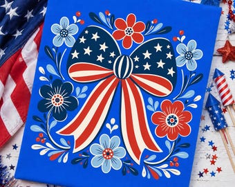 Patriotic Bow PNG, Coquette USA PNG, 4th of July png, Floral American Flag Shirt Design
