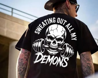 Schwitzen alle meine Dämonen PNG | Workout Shirt Design | Fitnessstudio Zitat PNG | Fitness-Motivation | Gewichtheben PNG | Herren Training Sublimation