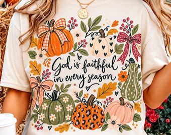 Gott ist treu (PNG), Christlicher Herbstkürbis (PNG), Glaube in jeder Jahreszeit (PNG), Christliches Herbst-Shirt-Design, Grafik zum Thema Glaube an Thanksgiving