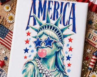 Statua della Libertà con pennellate preppy che soffia bolle PNG, USA PNG, design PNG per il 4 luglio in America, PNG femminile
