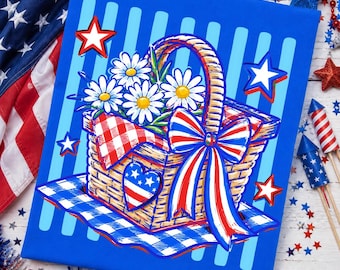 Cestino da picnic per il 4 luglio PNG, cestino con margherite patriottiche, design per maglietta con fiocco a bandiera USA, file per sublimazione