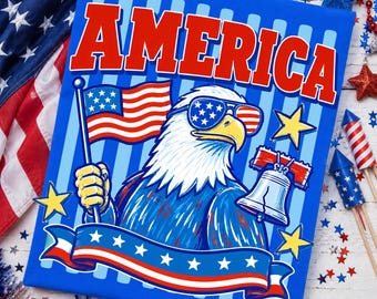 Aquila americana PNG, Aquila calva patriottica 4 luglio PNG, Design per maglietta con bandiera USA, Rosso Bianco Blu