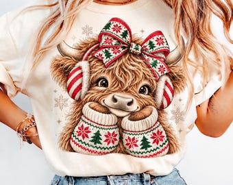 Weihnachtliches Hochlandrind (PNG), Niedliches Hochlandrind zu Weihnachten (PNG), Gemütliches Winterrind (PNG), Weihnachtskuh mit Schleife, Festliches Rinder-Sublimationsdesign (PNG)