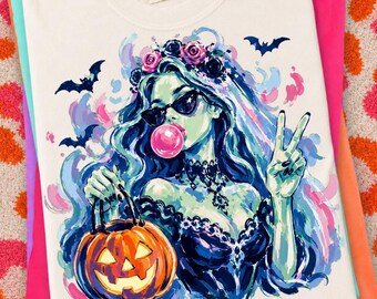 Zombie Girl Halloween PNG, Bubblegum Pumpkin, Spooky Coquette Witch Art (Digital Download)
