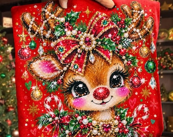 Weihnachts-Rentier (PNG), Niedliches Rentier (PNG), Mädchenhaftes Weihnachtsmotiv (PNG), Glitzer-Rentier, Zuckerstangen-Rentier, Festliche Sublimation, Festliches Schleifen-Design