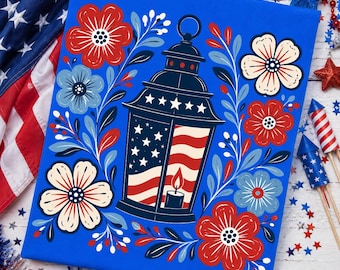 Patriotic Lantern PNG, Floral American Flag PNG, Folk Art 4th of July png, Red White Blue USA Shirt Design
