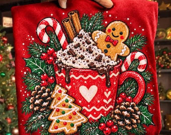 Weihnachtliche heiße Schokolade (PNG), Lebkuchentasse (PNG), Zuckerstangen-Weihnachtsmotiv (PNG), gemütlicher Weihnachtskranz, rote Weihnachtssublimation, Weihnachtsmotiv im Used-Look (PNG)