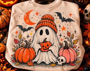 Halloween-Geist (PNG), Niedlicher Geisterkürbis (PNG), Gruseliges T-Shirt-Design, Herbstliche Mütze mit Geist (PNG), Retro-Halloween-Shirt-Sublimationsdesign