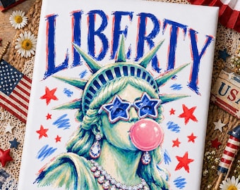 Statua della Libertà con pennellate preppy che soffia bolle PNG, USA PNG, design PNG per il 4 luglio in America, PNG femminile