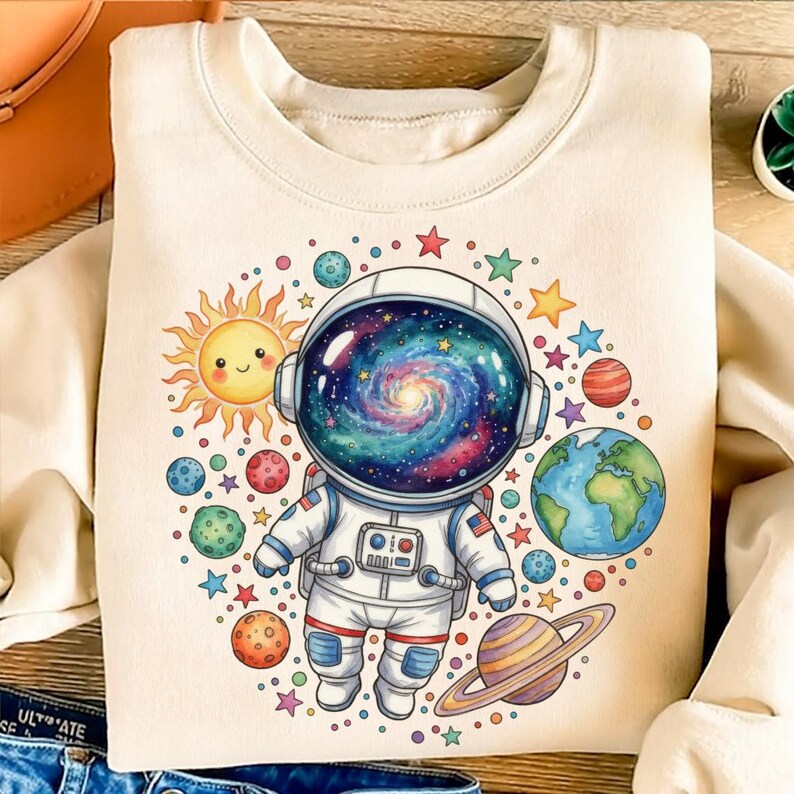 Peut inclure: Sweat-shirt cr&egrave;me avec un astronaute de dessin anim&eacute; portant un casque rempli de galaxies. Le motif comprend des plan&egrave;tes, des &eacute;toiles et un soleil souriant. L'astronaute est entour&eacute; de corps c&eacute;lestes color&eacute;s, cr&eacute;ant un th&egrave;me spatial fantaisiste.