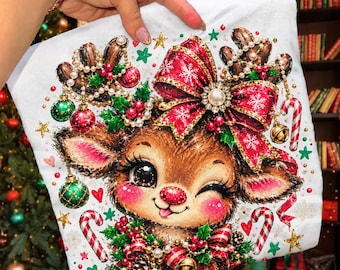 Weihnachtsren PNG, rosa Leopardenbogen, adrette Rudolph Boutique-Glitzer-Sublimation, unordentliches Pinselstrich-Design