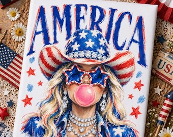 Cowgirl patriottica PNG, America 4 luglio PNG, Ragazza preppy USA per sublimazione, Ragazza western che soffia bolle PNG, USA PNG, America 4 luglio PNG