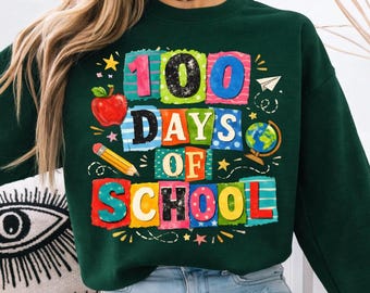 100 Days of School PNG | Colorful 100th Day Shirt Design | Teacher & Kids School Celebration | Retro Classroom Sublimation Digital Download