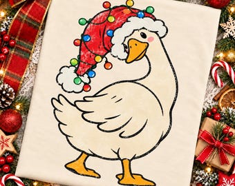 Weihnachtsgans (PNG), Lustige Weihnachtsgans (PNG), Witzige Weihnachtsgans (PNG), Niedliche Weihnachtsgans mit Lichtern, Design für Weihnachts-T-Shirts (Sublimation)