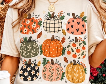 Boho-Kürbis (PNG), Herbstlicher Kürbis im Preppy-Stil (Sublimation), Niedliches Kürbismuster, Verspieltes Herbst-Shirt (PNG), Trendiges Thanksgiving-PNG