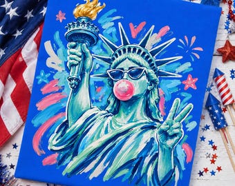Statue of Liberty Blowing Bubble Png, Girly USA Patriotic Design (Digital Download)