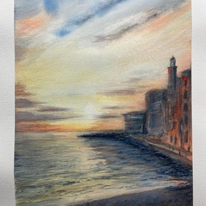 Acquerello 29,7x42 “Tramonto a Boccadasse” su carta cotone 100% Archer