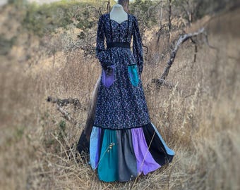 Vestido de algodón y lino con diseño de bosque de retazos de recolección de hongos, Gunne Sax, hecho a mano, estilo Prairie Cottage Core Witch Goblin Core, talla mediana