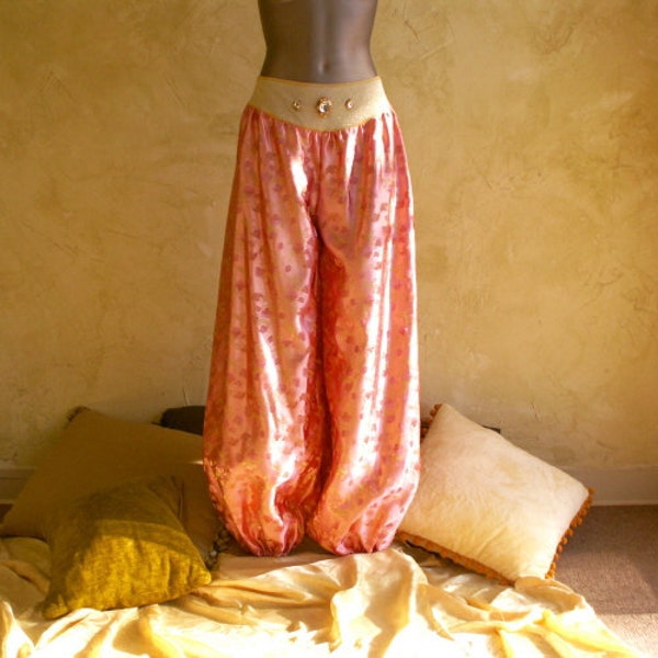 Harem Pants, Pink Brocade Satin, size large