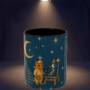 Starry Night Cat Mug, Celestial Cat Mug, Cozy Nighttime Vibes, Art Lover Gift, Fun Cat Decor, Cute Art Mug, Stargazing Mug, crescent moon