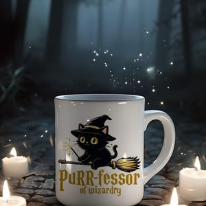 Black cat wizard coffee mug, cat pet gift, funny cat mug, wizard castle book, cat meme mug, purr-fessor of wizardry, magic mugs, wizard gift