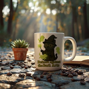 Black cat wizard coffee mug, Defense against Bark arts, cat pet gift, funny cat mug, wizard castle book, cat meme mug, wizard gift,ghost dog