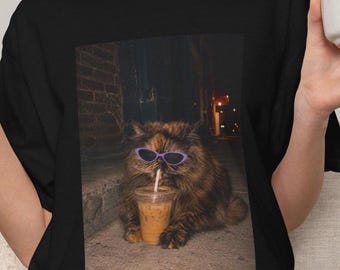 Cat Comfort Colors Shirt, Iced Coffee Cat Mom T-shirt, Funny Cat Gifts, Cat Mama Tee, Pet Tshirt, Caffeine lover shirt, Trendy Shirt