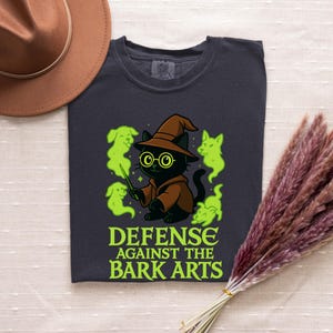Black Wizard Cat Shirt, Ghost Dogs, Comfort Colors, Halloween Shirt, Wizard Wand, Magical Hat, Defense Against Bark Arts, Cute Cat Shirt Graphite
