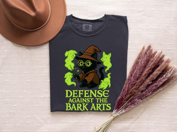 Black Wizard Cat Shirt, Ghost Dogs, Comfort Colors, Halloween Shirt, Wizard Wand, Magical Hat, Defense Against Bark Arts, Cute Cat Shirt