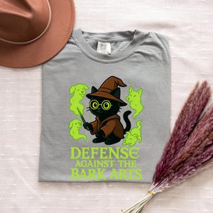 Black Wizard Cat Shirt, Ghost Dogs, Comfort Colors, Halloween Shirt, Wizard Wand, Magical Hat, Defense Against Bark Arts, Cute Cat Shirt Grey