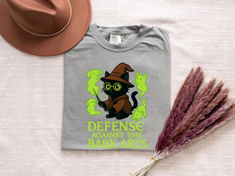 Black Wizard Cat Shirt, Ghost Dogs, Comfort Colors, Halloween Shirt, Wizard Wand, Magical Hat, Defense Against Bark Arts, Cute Cat Shirt Grey