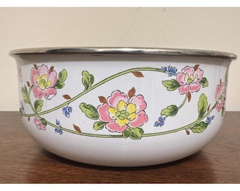 Bol de esmalte de cocina Kobe vintage, estilo retro, rosa y amarillo con estampado floral, Japón.
