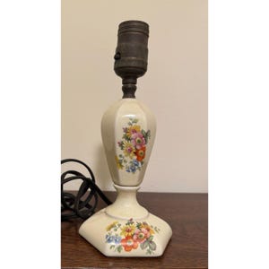 Vintage Cream Glazed Ceramic Table Lamp Colorful Floral Transfer Hexagonal Base