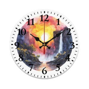 May include: Round wall clock featuring a watercolor painting of a waterfall scene with a sunset. The clock face has black hands and a red second hand. The numbers are black and the clock is white.