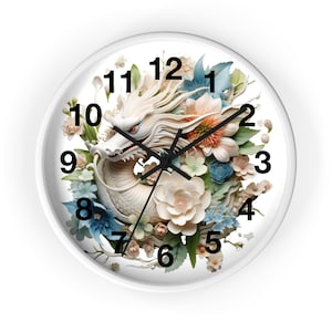 Dragon Floral Wall Clock | Bohemian Home Decor, Unique Gift Idea, Oriental Style Clock, Dragon Art, Nature-Inspired Timepiece