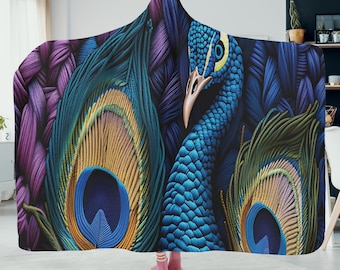 Manta con capucha y diseño de pavo real, cosida a doble cara, acogedora y de gran tamaño, con un vibrante estilo bohemio.