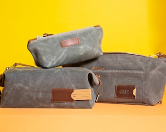 Personalized Toiletry Bags Travel Set: Waxed Canvas Folding Toiletry Bag and Pouch, Father's Day, Anniversary Gift for Him, Made in USA