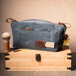 Personalized Toiletry Bag for Men with Pockets: Folding Waxed Canvas Dopp Kit, Graduation Gift for Him, Made in USA Slate Grey
