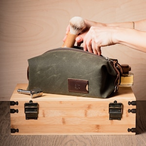 Personalized Waxed Canvas Dopp Kit: Folding Toiletry Bag for Men, Monogrammed Christmas Gift for Him, Made in USA Olive