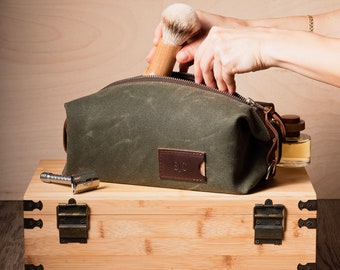 Personalized Waxed Canvas Dopp Kit: Folding Toiletry Bag for Men, Monogrammed Christmas Gift for Him, Made in USA