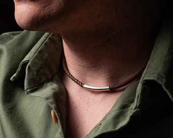 Mens Leather Necklace with Sterling Silver Smooth Curved Tube and Screw-In Magnetic Clasp, Half Braided and Half Smooth Leather Necklace