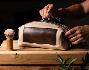 Custom Gift for Him: Personalized Folding Toiletry Bag, Waxed Canvas and Leather Dopp Kit, Groomsmen Gifts, Made in USA