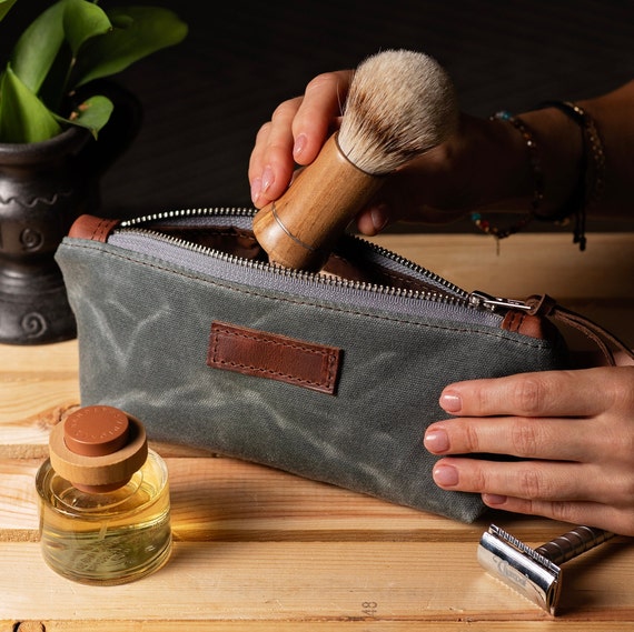 Waxed Canvas Pencil Case, Small Personalized Toiletry Bag, Cable